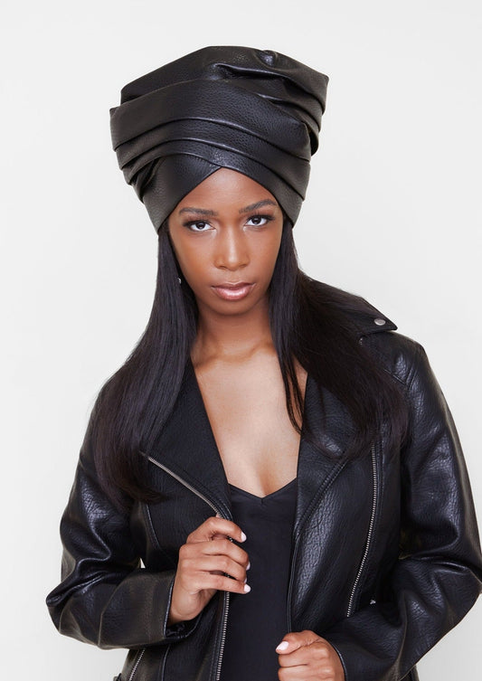 Black Wrapped Crown - Faux Leather Turban